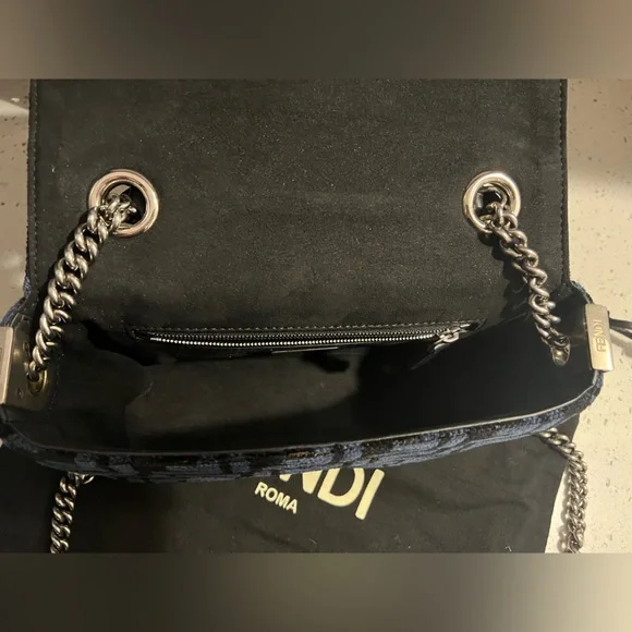 NEW Fendi Baguette Chain Midi Dark blue black FF tapestry bag silver hardware - Picture 10 of 15